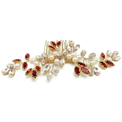 Pearl Crystal Hair Comb Bridal Rhinestone Gold Vine Hair Piece Accessories for Wedding Women (Red-2) - color: Red-2