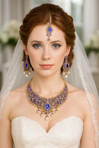 Touchstone Indian jewelry sets for women tikka wedding necklace costume guest statement bollywood rhinestones crystal faux pearls gold big royal neck piece set bridal fashion accessories - color: Blue