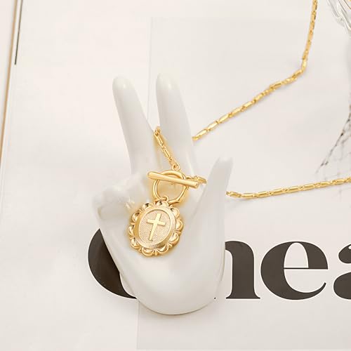 SOFYBJA Saint Benedict Necklace Drop 18K Gold Toggle Medallion Coin Cross Pendant Necklaces Religious Jewelry Catholic Gift for Women