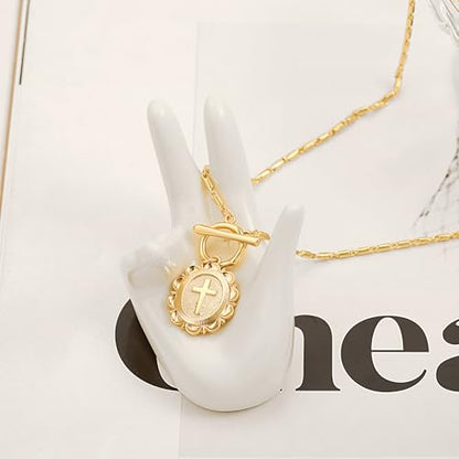 SOFYBJA Saint Benedict Necklace Drop 18K Gold Toggle Medallion Coin Cross Pendant Necklaces Religious Jewelry Catholic Gift for Women