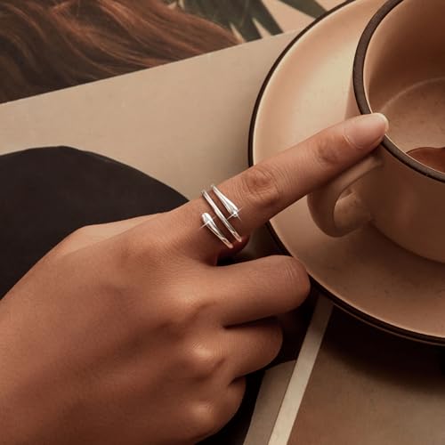 MUNDELL 925 Sterling Silver Simple Multi-layer Leaf Adjustable Ring Green Lucky Leaves Statement Ring for Women Promise Ring Fine Jewelry - color: Silver White