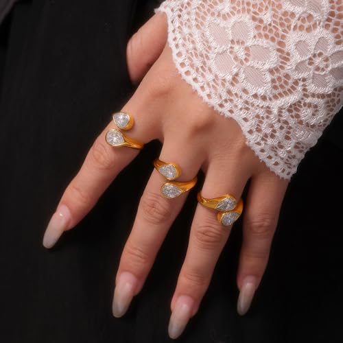 Kokoma Cubic Zirconia Waterdrop Wrap Finger Band for Women Double Crystal Teardrop Shape Adjustable Stacking Ring Open Statement Promsie Rings