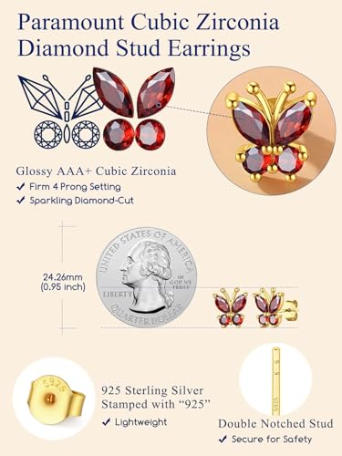 Suplight Butterfly Stud Earrings 925 Sterling Silver 14K Gold Brithstone Earrings for Women Brithstone Jewelry Gifts - color: 01.January ( Garnet), size: Gold