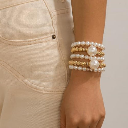 GIGB PBDK Chunky Pearl Bracelets for Women Stackable Gold Pearl Beaded Stretch Bracelets Exaggerated Big Pearl Ball Bracelet Set Trendy Birthday Jewelry Gifts - color: Gold
