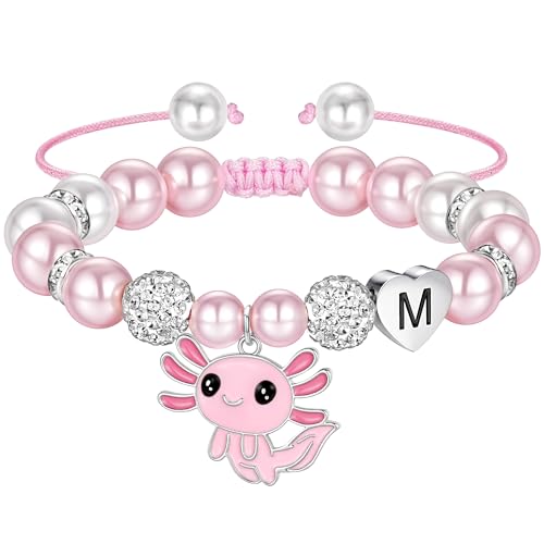 Ritach Graduation Gift fo Her - Cute Axolotl Heart Initial Bracelet CZ Rhinestone Beads and Pink White Pearl Bracelets for Girls Teen Kids Axolotl Graduation Gift for Her Girls Kids Axolotl Lovers - style: M