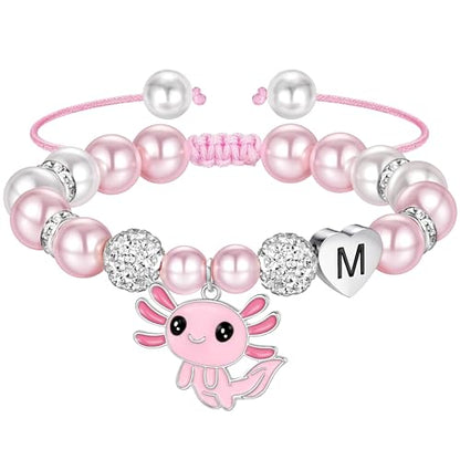 Ritach Graduation Gift fo Her - Cute Axolotl Heart Initial Bracelet CZ Rhinestone Beads and Pink White Pearl Bracelets for Girls Teen Kids Axolotl Graduation Gift for Her Girls Kids Axolotl Lovers - style: M
