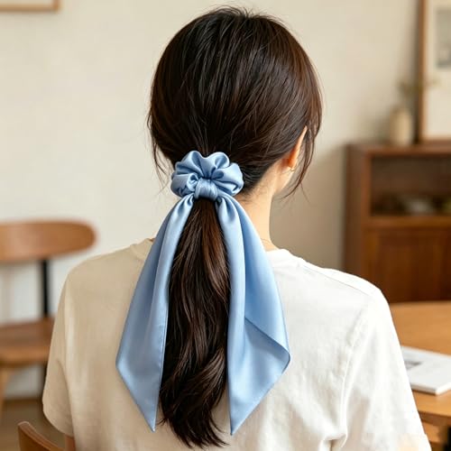 4 Pcs Blue Bow Hair Ties Set, Ribbon Scrunchies Hair Scarf for Women Girls, Cute Bow Scrunchies Hair Accessories, No Damage Hair Ties for Thick/Thin Hair - color: Blue&White Set
