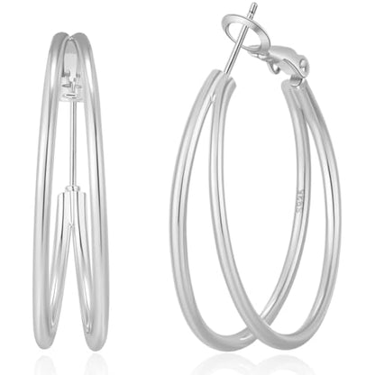 Large Thin Double Hoop Earrings for Women Lightweight Hypoallergenic 925 Sterling Silver Post 14K Gold Hoops Non Tarnish Sturdy Big Thin Double Layered Hoop Earrings 30/40/50/60mm - color: Silver, size: 30mm