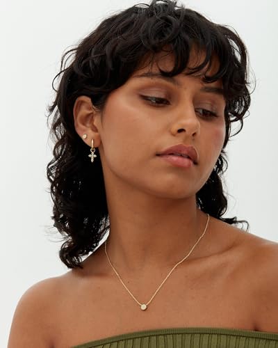 PAVOI 14K Gold Plated S925 Sterling Silver Post Lightweight Drop Dangle Huggie Hoop Earrings for Women | Star, Lock, Pearl, Cross, Lightening, Coin | Dainty Earrings - style: Cross