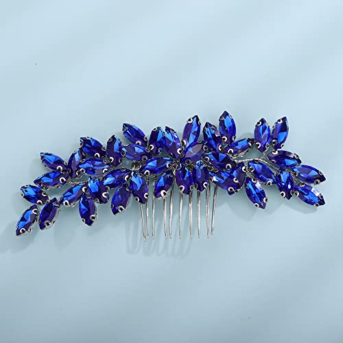 Teyglen Women Dainty Simple Blue Rhinestones Bridal Hair Comb Luxurious Shiny Hair Accessory for Bride and Girls - color: Blue
