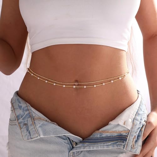 CAROVO Belly Waist Chain for Women 14K Gold Silver Plated Layered Body Chains Boho Cuban Figaro Pearl Heart Coin Satellite Bead Belly Chain Sexy Bikini Body Jewelry for Women Adjustable - style: C:Pearl Satellite GD