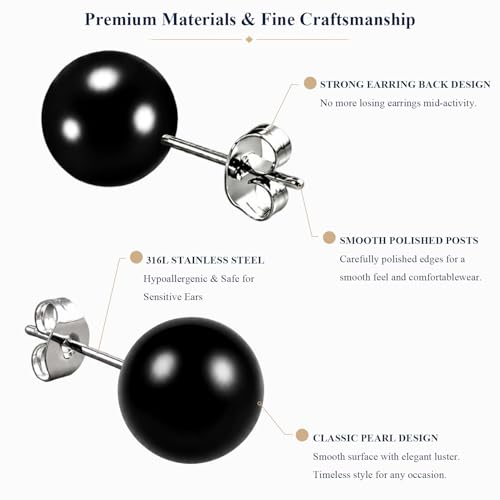 12 Pairs Simulated Pearl Stud Earrings Set for Women Men Beige White Black | 4 6 8 10 mm Faux Pearl Earrings Studs Pack, 316L Surgical Stainless Steel, Hypoallergenic for Sensitive Ears - color: Black