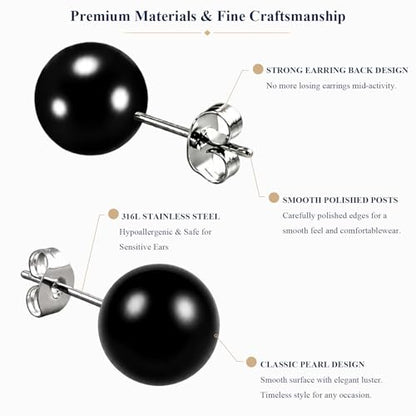 12 Pairs Simulated Pearl Stud Earrings Set for Women Men Beige White Black | 4 6 8 10 mm Faux Pearl Earrings Studs Pack, 316L Surgical Stainless Steel, Hypoallergenic for Sensitive Ears - color: Black
