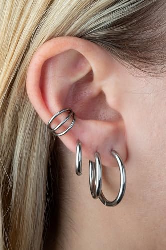 316L Stainless Steel 2.5mm Thick Round Hinged Hoop Earrings, Sold as a Pair - color: Silver Tone, size: 14mm Diameter