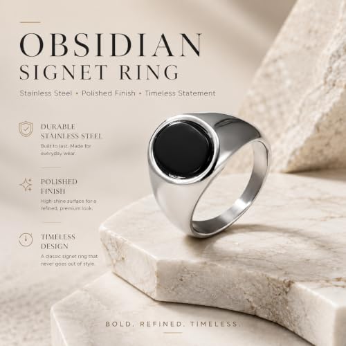 Stainless Steel Black Obsidian Ring for Men Women, Oval Black Stone Signet Ring, Gold Silver Black Tone Wide Band Ring, Polished Stainless Steel Statement Jewelry Gift - color: Silver