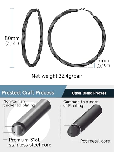 PROSTEEL Chunky Hoop Earrings for Women 14K Gold Plated/Black/Silver | 20/30/40/50/60/70/80mm Stainless Steel Thick Big Round Hoop with Waterproof and Non Tarnish Trendy Jewelry with Gift Box - color: 4. Black, size: 80MM