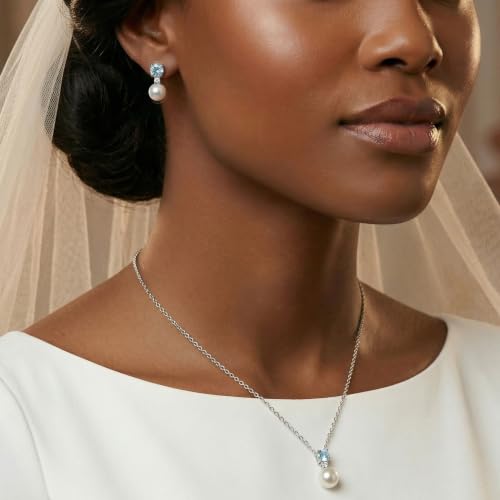 Mariell Pearl Wedding Necklace Earrings Set with CZ Crystal, Jewelry for Brides, Bridesmaid, Mother's Day - color: Silver-Blue Cubic Zirconia