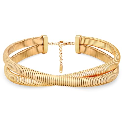 Chunky Gold Choker Necklace for Women, 14K Gold Plated Snake Chain Statement Necklace Triple Twsited Layered Choker Necklaces Jewelry Gifts - style: 2 LAYER/14K GOLD