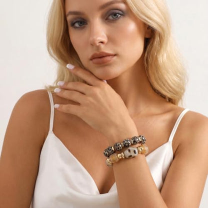 GOOJIDS Simple Beaded Gold Plated Bangles Bracelet Chunky Bamboo Tube Curved Stacking Clear Acrylic Colorful Beads Stretchable Gold Plated Bracelets Set For Women - color: T Gray Leopard Print Set