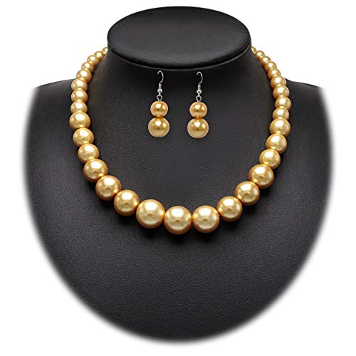 Cryshimmer Pearl Choker Necklace for Women Faux Pearl Beads Strand Necklace Earring Set Costume Jewelry,Gift for Wife Mother - color: Golden