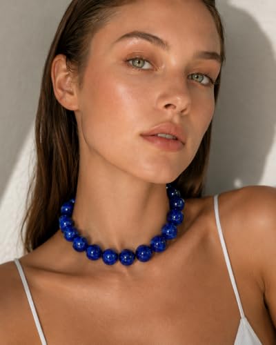 Colorful Chunky Beaded Necklaces for Women Trendy Large Bead Statement Necklace Boho Resin Bead Choker Summer Beach Jewelry Gifts Accessories - color: Royal Blue