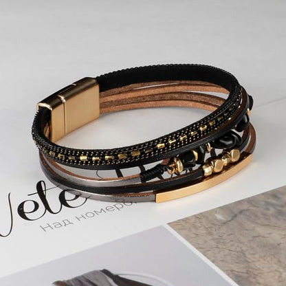 Fesciory Leather Wrap Bracelets for Women, Boho Western Layered Jewelry | Layered leather cuff bracelets, Easy on and off, Boho western style, Daily wear, Gift for women - color: Black 7