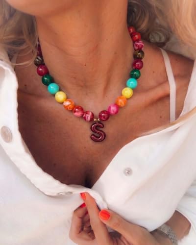 DoDoBeads Chunky Colorful Beaded Initial Necklace, Bubble Letter Choker | Gift box and dust pouch included; waterproof and sweat-resistant with real gold plated stainless steel hardware - color: Rainbow-A