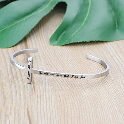 𝐂𝐫𝐨𝐬𝐬 𝐁𝐫𝐚𝐜𝐞𝐥𝐞𝐭 Religious Cuff Bangle 𝐁𝐢𝐛𝐥𝐞 𝐕𝐞𝐫𝐬𝐞 Christian Gifts Jewelry for 𝐖𝐨𝐦𝐞𝐧 - style: Silver cuff-Be still and know that I am God -Psalm 46:10