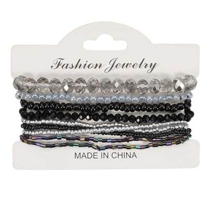 Bohemian Colorful Crystal Glass Beads Seed Beaded Bracelet Handmade Adjustable Stackable Elastic Strand Bangle for Women Summer Beach Hawaii Boho Wristbands Jewelry - color: black