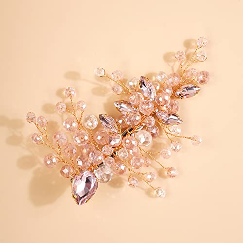 Xerling Rhinestones Hair Accessories for Women Wedding Pink Crystal Hair Clip Bridal Side Comb Hair Jewelry (Pink) - color: Pink