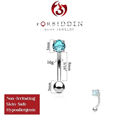 Forbidden Body Jewelry 16g 8mm Surgical Steel Curved Barbell w/Solitaire CZ for Daith, Eyebrow & Rook Piercings - color: Steel/Aqua