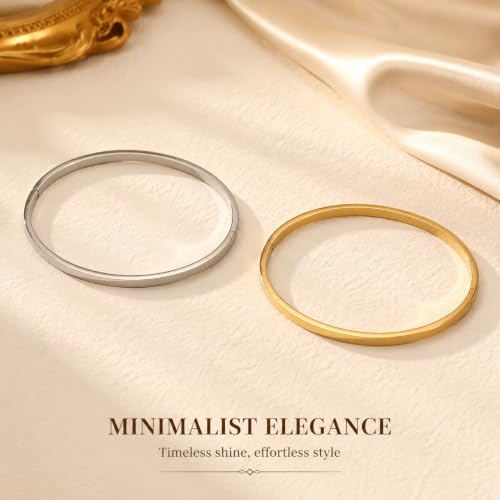 Stainless Steel Cuff Bracelet for Women, Polished Oval Open Bangle Bracelet, Minimalist Jewelry - color: Gold-4mm