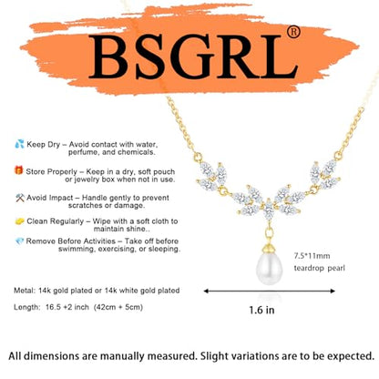Pearl Necklace for Women- 14K Gold-plated/White Gold-plated Dainty Pearl Necklace for Women - color: Gold leaf teardrop
