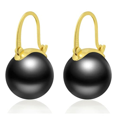 HUGE TOMATO 925 Sterling Silver Simulated Shell Pearl Earrings for Women Trendy, Big Pearl Drop Earrings Leverback Stud,18K Gold Plated Large Pearl Hoop Dangle Hypoallergenic Jewelry 14mm - color: Black