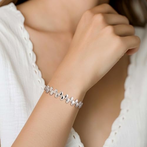 Chunky Gold Silver Bangle Bracelet for Women | Trendy, Minimalist, Oval Beads, Non Tarnish, Adjustable Bracelets, Prom, Party Jewelry Gift - color: Silver