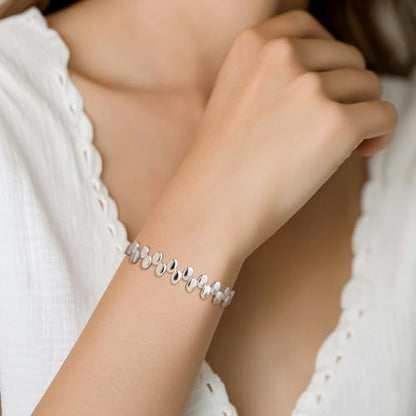 Chunky Gold Silver Bangle Bracelet for Women | Trendy, Minimalist, Oval Beads, Non Tarnish, Adjustable Bracelets, Prom, Party Jewelry Gift - color: Silver