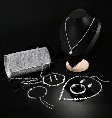 RIOSO Silver Clutch Purse Prom Wedding Jewelry Sets for Women Rhinestone Clutch Silver Necklace and Earring Bracelet Accessories Set for Wedding Formal Bridal Bridesmaid Evening Prom Jewelry
