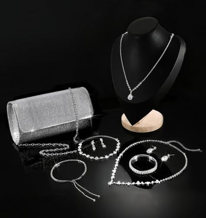 RIOSO Silver Clutch Purse Prom Wedding Jewelry Sets for Women Rhinestone Clutch Silver Necklace and Earring Bracelet Accessories Set for Wedding Formal Bridal Bridesmaid Evening Prom Jewelry