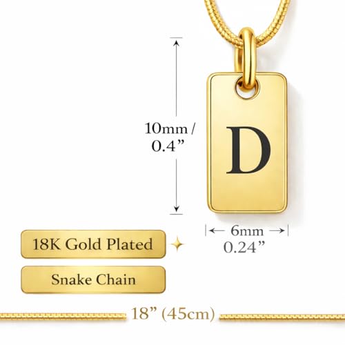 Initial Necklace in 18K Gold Plated, Personalized Engraved Letter Pendant, Gold Snake Chain, 6×10 mm Rectangle Charm for Women - color: D
