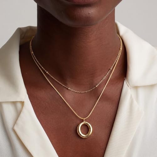 14K Gold/Silver Plated Dainty Snake Chain Layered Necklace for Women | Irregular Oval Pendant Minimalist Dainty Statement Gold Layering Everyday Jewelry - color: Gold - Textured