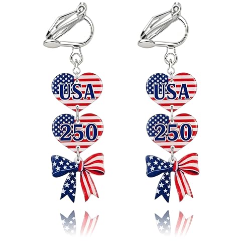 4th of July Independence Day Clip on Earring for Women American Flag Dangle Earrings Patriotic Red White Blue USA Earring, Pave Crystal Stud - color: red bow