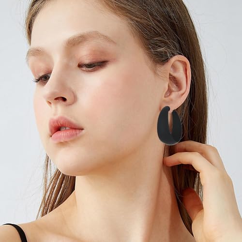 Anmpab Large Matte Round Hoop Earrings for Women Retro Geometric Pierced Neon Color Circle Dangle Earrings Party Jewelry - color: Black