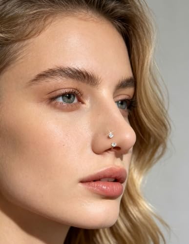 Akeoqi Horseshoe Nose Ring 20G 316L Surgical Steel Double CZ Internally Threaded Cartilage Helix Tragus Earrings for Women Men Septum Nostril Lip Eyebrow Piercing 8MM Gold Silver Plated - color: Gold-20G-8MM-White Clear CZ