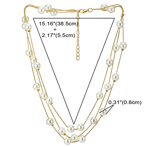 Women's Cream Pearl Triple Strand Necklace, Multi Layered Gold Toned Chain Jewelry, Elegant Luminous Beaded Choker, Classic Glamour Accessory, Gift for Her