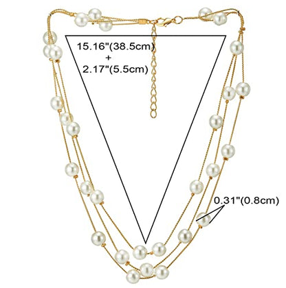 Women's Cream Pearl Triple Strand Necklace, Multi Layered Gold Toned Chain Jewelry, Elegant Luminous Beaded Choker, Classic Glamour Accessory, Gift for Her