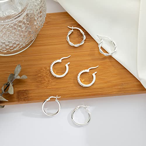 PABBEU 925 Sterling Silver Small Hoop Earrings Set for Women Hypoallergenic | 3Pairs Cubic Zirconia Small Huggie Hoop Earrings Set 13/15/20mm,Nickel-Free Lightweight Comfortable Sleeper Earrings Gift Set - color: 13/15/20mm HMT Silver