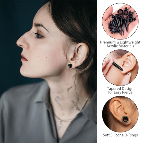 50 Pcs Ear Stretching Kit, Acrylic Gauges for Ears 14G-00G | Lightweight Tapers+ Plugs+ Silicone Tunnels, Gauge Stretching Kit, Piercing Earring Jewelry for Men, Women, Starter Expanders - color: Black