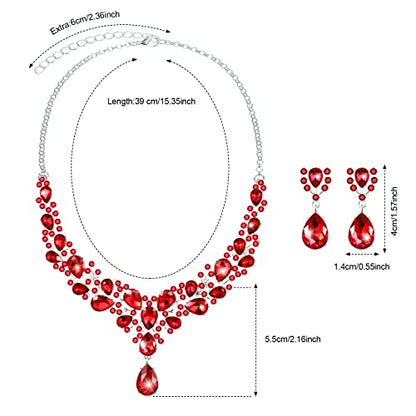 Hicarer Bridal Teardrop Cluster Crystal Jewelry Set for Women Necklace Earrings Wedding - color: Red