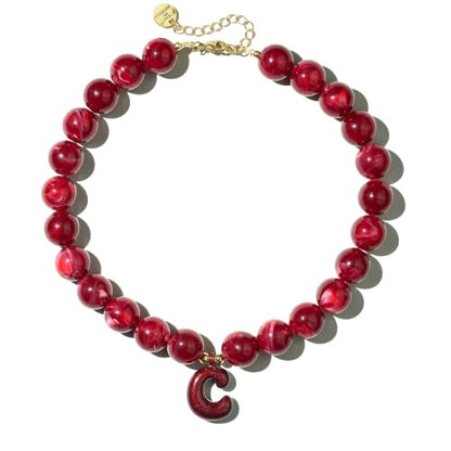 DoDoBeads Chunky Colorful Beaded Initial Necklace, Bubble Letter Choker | Gift box and dust pouch included; waterproof and sweat-resistant with real gold plated stainless steel hardware - color: BlackCherry-C