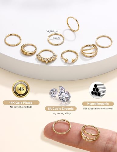 LOLIAS Septum Nose Rings Hoops - 316L Surgical Steel Septum Rings CZ Opal Silver 14K Gold Plated Hoop Nose Ring for Women 16G/18G Clicker Cartilage Earring Conch Daith Nostril Piercing Jewelry 8mm/10mm 8Pcs - color: 14K Gold, size: 18G 10MM